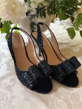 kate spade Navy Blue Glitter Bow Slingback Heels